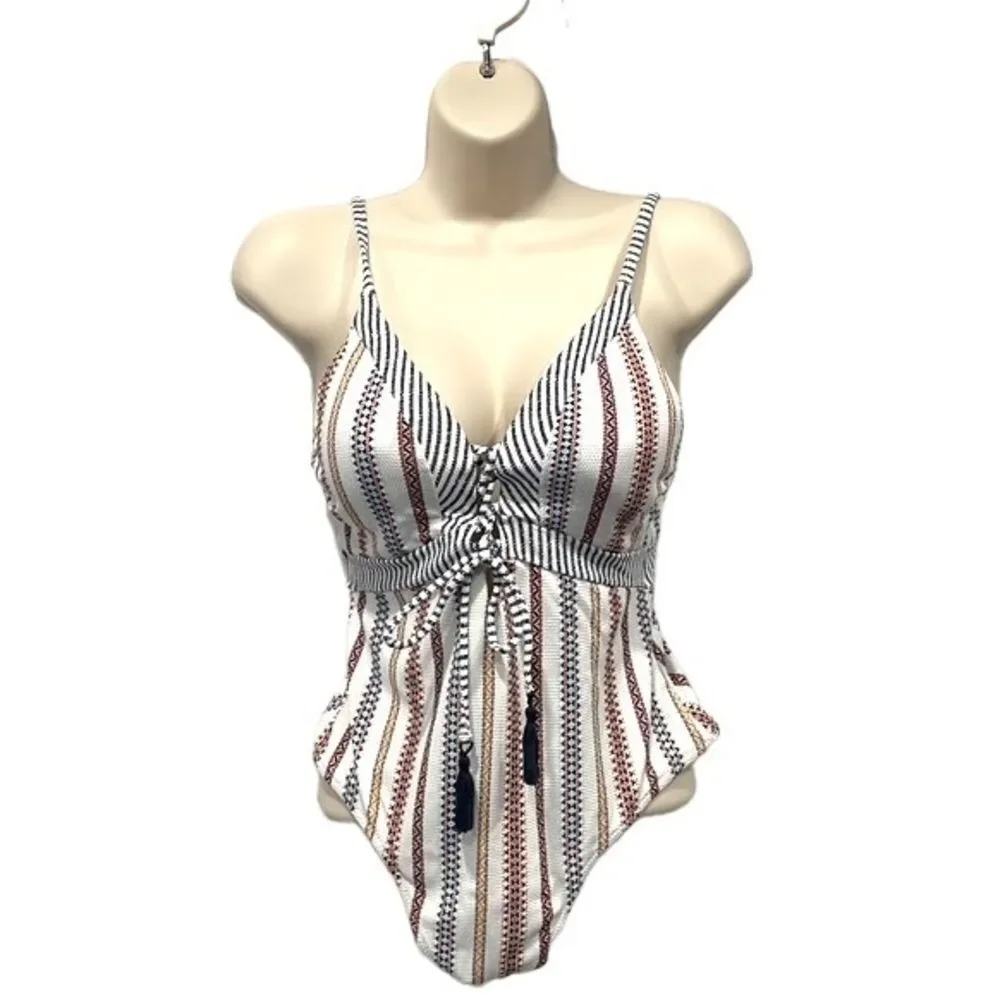 𝅺Jessica‎ Simpson Women’s Swimsuit Moroccan Stripe Lace Up Tassel Sz Sm Boho